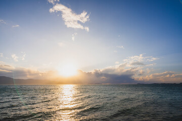 Beautiful sunlight with clouds at sunset in the Mediterranean Sea.