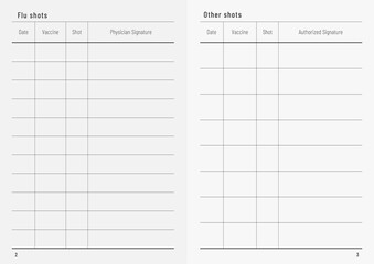 Record blank of vaccinations against influenza. Flue shots card template