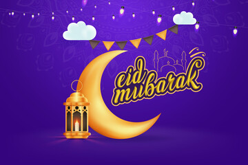 Happy Eid Mubarak Greetings with Crescent Moon and Islamic Lantern Background Illustration