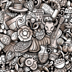 Fototapeta na wymiar Cartoon doodles Spain seamless pattern. Backdrop with Spanish culture items