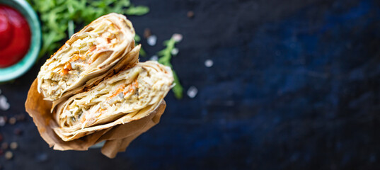 doner kebab shawarma sandwich roll or burrito meat, vegetables sauce taco menu Takeaway snack...