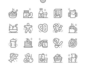 Baby food. Childhood Nutrition. Milk, yoghurt, flakes, juice, fruit, cake, eggs and meat. Natural and tasty. Pixel Perfect Vector Thin Line Icons. Simple Minimal Pictogram