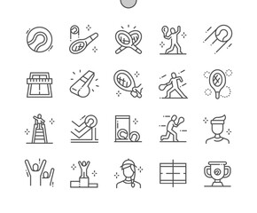 Tennis. Tennis ball and racket. Playing game and activity leisure. Sports, motion, competition. Pixel Perfect Vector Thin Line Icons. Simple Minimal Pictogram