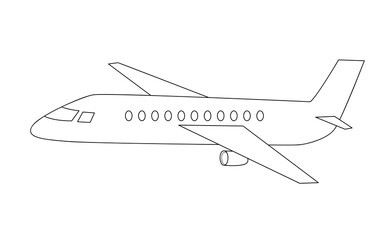 A passenger plane is flying. Contour isolated doodle objects on a white.