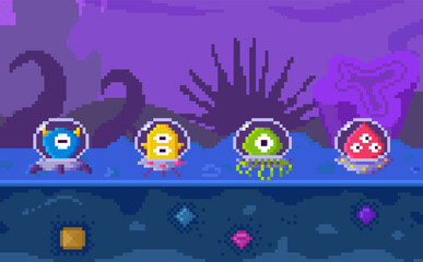 Aliens in transparent flying saucers. Colored UFO on space road. Monsters in interface design