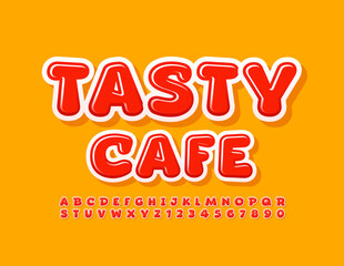 Vector bright sign Tasty Cafe. Red glossy Font. Modern Alphabet Letters and Numbers set