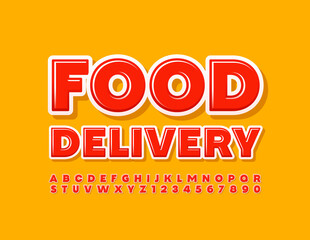 Vector modern logo Food Delivery with Bright Glossy Font. Set of Red Alphabet Letters and Numbers