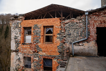 Ruins of Horni Hrad, Medieval Hauenstejn castle, gothic and renaissance or neo-renaissance fragments, ancient chateau, battlements on walls, peeling plaster, Bohemia, Czech Republic