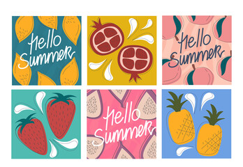 Vector set of summer greeting cards, banners, hello summer cover template, fruits. Postcards fruits lemon, peach, fig, pomegranate. Flat style brochure design with lines and splashes.