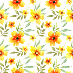 Obraz premium Seamless pattern of watercolor yellow flowers on a white background.