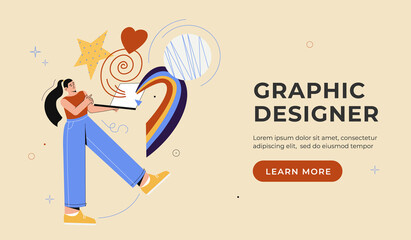 Graphic designer landing page. Woman holding laptop and doing creative work. Vector flat cartoon illustration