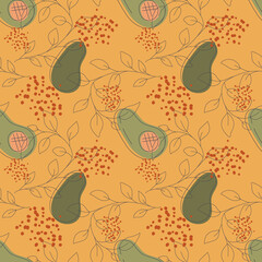 Green half avocado with stone on yellow background fruit seamless pattern. Vector illustration of an infinite pattern linear leaves and colored drops. Ripe juicy fruits in a flat linear style