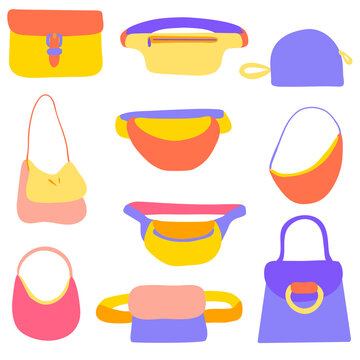 Woman colorful summer bags. Set of hand-drawn vector elements