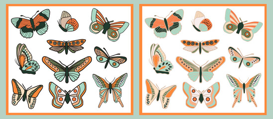 Colorful spring nature butterfly hand drawn set with different design