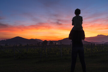 Fototapeta premium Father and son watching the sunset and the beautiful sky at twilight,silhouette concept.