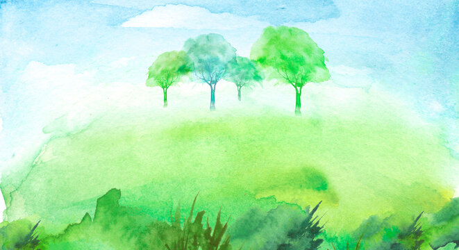 Countryside summer watercolor landscape. Green trees, bushes on a hill, in a field, in a meadow. Ecological poster with place for text. splash of green, blue paint.Oak, apple, cherry.Green grass, hill