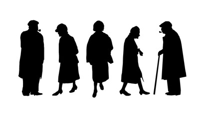 Silhouettes of old people, men and women in coats.