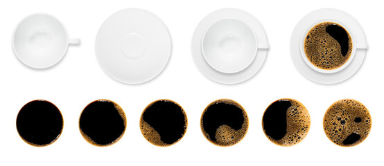 Obraz na płótnie Canvas Photo set included black coffee cup ,white saucer, white cup ,coffee surface seven types to choose from There is a different amount of bubble The picture can be combined into cup of coffee as desired