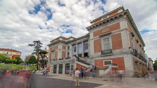Entrance to the National Museum of the Prado timelapse hyperlapse, one of the largest art museums in Europe. Spain, Madrid