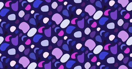 Fototapeta na wymiar Stone colorful pebble seamless pattern. Vector illustration dark background. Colorful modern trendy season sea ocean backdrop in pink and purple colors on deep blue background