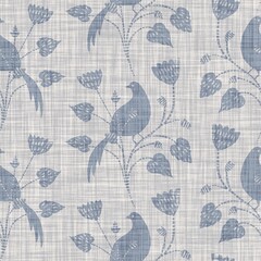 Seamless french farmhouse bird foliage linen printed fabric background. Gray pattern texture. Shabby chic style woven background. Textile rustic scandi all over print effect. Watercolor paint motif - 427674630