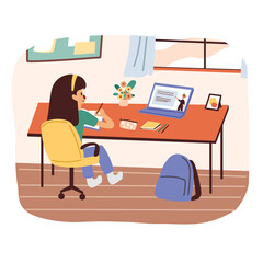 A cute girl study online class at home through video conference flat vector illustration. E-lerning during quarantine. home school 