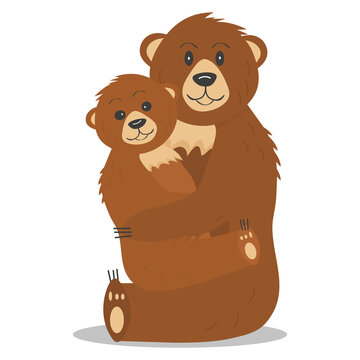 Bear and a teddy bear are sitting with their arms around each other. Mom and baby hug