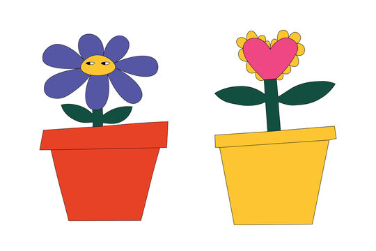 two vector flowers in pots - chamomile with eyes and heart shape.Hippie vintage style.Psychedelic 60s and 70s.Childish naive handwritten style.Isolated sticker of home flowers.Tattoo template