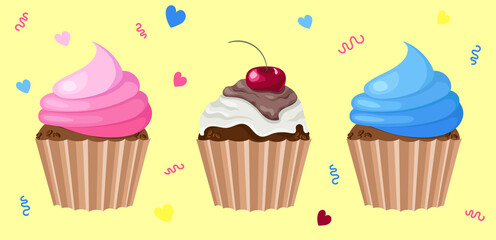 a set of cupcakes with different cream filling with a cherry on top. Delicious food dessert
Unhealthy eating. vector EPS