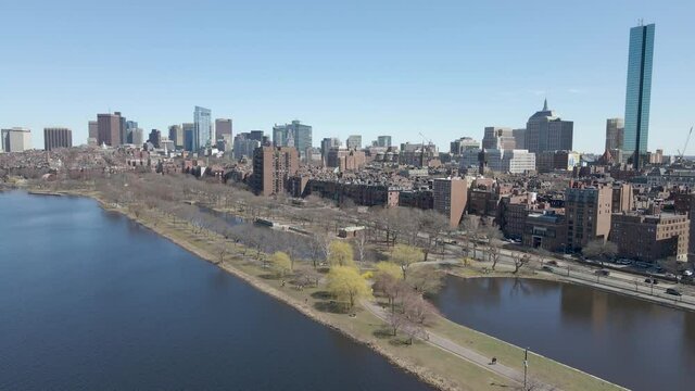 Charles River esplanade and Back Bay East, Boston, Massachusetts. Aerial view