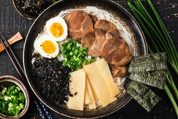 Miso Ramen Asian noodles with egg,  Japanese cuisine.