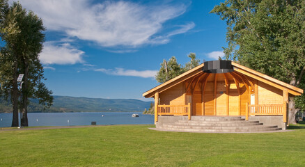 Outdoor stage with a view at beautiful mountain lake.