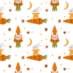 Seamless pattern with rabbits. Childish pattern with animals cosmonaut. Print for girl or boy. Nursery print for textile, fabric, clothing, apparel, wrapping paper