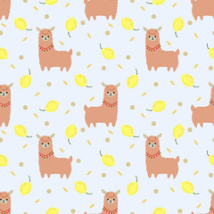 Cute llama and summer lemon seamless pattern