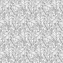 Vector seamless pattern. Hand drawn line leaf. Outline illustration. White and black colors. Coloring page for anti stress coloring book. Falling leaves. Doodle background. - 427677864
