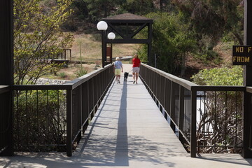Mother and Daughter Walking Dogs in a Park Crossing a Bridge Parallel Rails