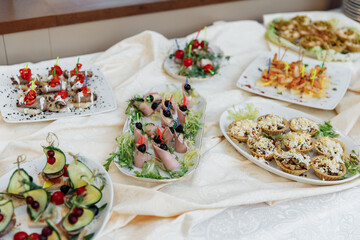 Buffet table for a holiday or corporate event. A large assortment of snacks. Buffet breakfast.