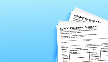 Coronavirus vaccination record card on blue background with copy space for travel and movement without borders. Vaccination form during the coronavirus covid 19 epidemic