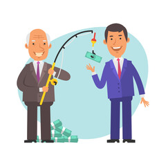 Old businessman holding fishing rod and bait money. Young businessman wants to take money. Vector characters
