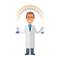 Young scientist holds test tubes and smiles against background of rainbow. Vector characters