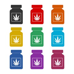 Medical bottle with marijuana or cannabis leaf icon isolated on white background color set