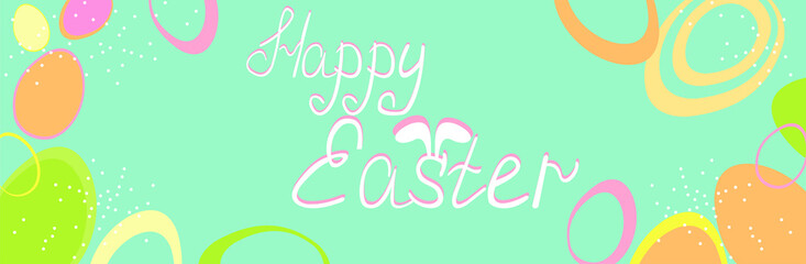 happy easter banner poster greeting eggs written text on blue background