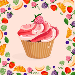 Vector illustration on a pink background cupcake with raspberries for birthday, holiday for advertising, postcard, banner, background. Collection of cartoon sweet dessert elements. Baking concept.