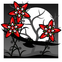 Stylized landscape with red flowers and an owl against the background of the moon. Wall decor, poster design. Vector illustration.