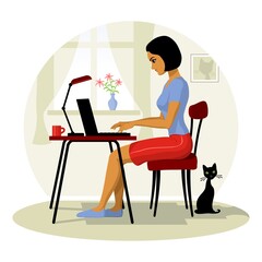 Young woman works on laptop from home. The girl at the computer sits. Vector illustration.
