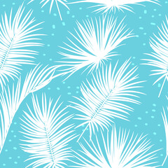 Blue vector tropical seamless pattern with  leaves of palm tree and flowers.