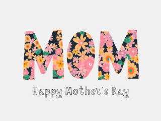 Happy Mothers day greeting card with typographic design and floral elements. Vector illustration. Paper cut style with blooming flowers, leaves and abstract shapes on white background. The best mom.