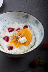 Prepared rice porridge bowl set for breakfast