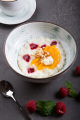 Prepared rice porridge bowl set for breakfast