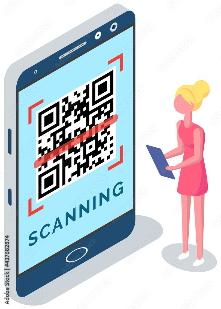 Poster businesswoman scanning qr code via mobile phone. product code recognition technology in app
